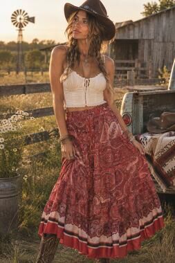 LAUREN Ralph Lauren Sz M (8) Red White Paisley Stripe Ruffle Boho Skirt Western